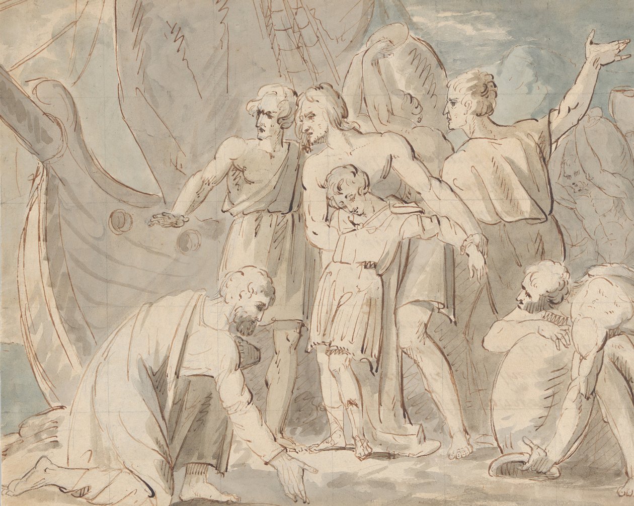 Historický námět s muži a chlapcem poblíž lodi recto..., 1770-80. od William Hamilton