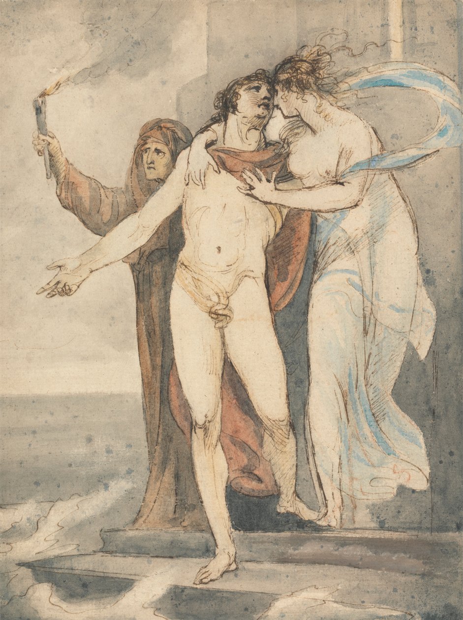 Leander se rozchází s hrdinou před plaváním zpět přes Hellespont od William Hamilton