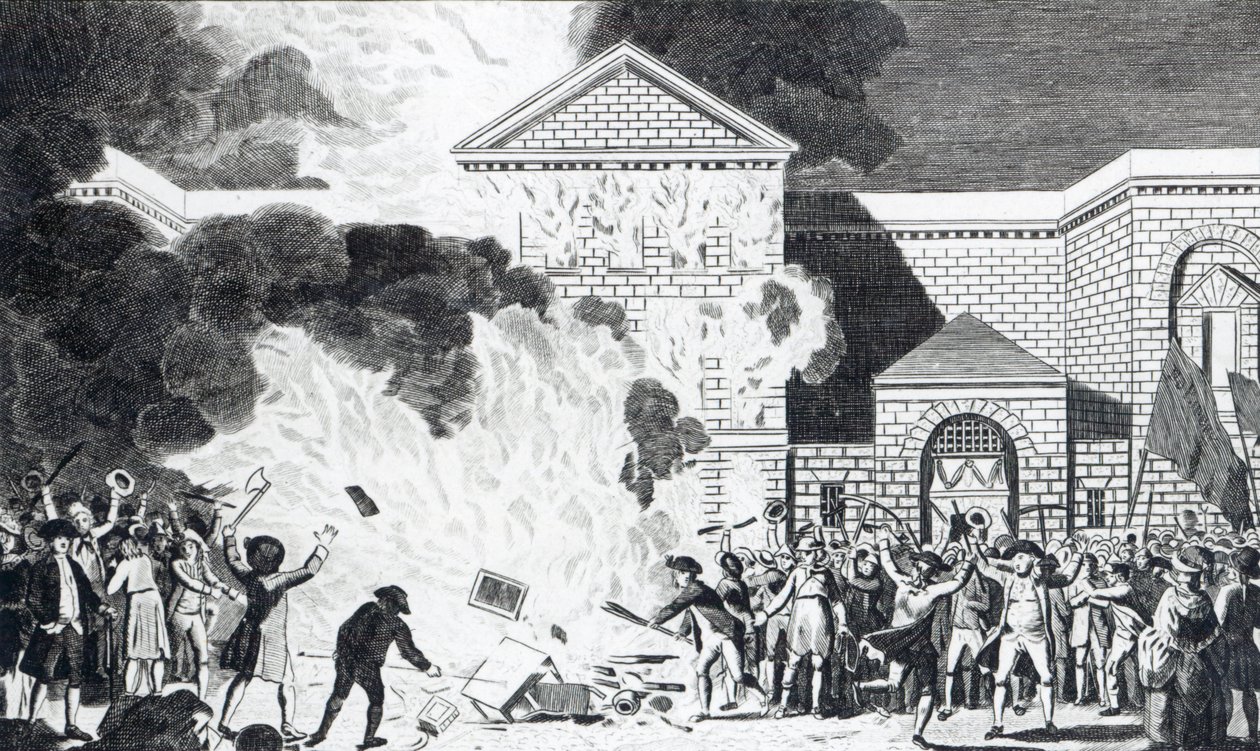 Devastace způsobené vzbouřenci z Londýna vypálením New Gaol of Newgate a spálením nábytku pana Akermana undc, 6. června 1780, vyryto T. Thorntonem od William Hamilton