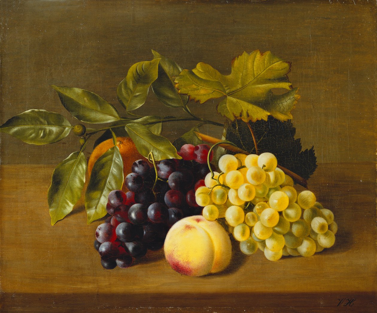 Broskev, pomeranč a hrozny na dřevěné římse, od William Hammer