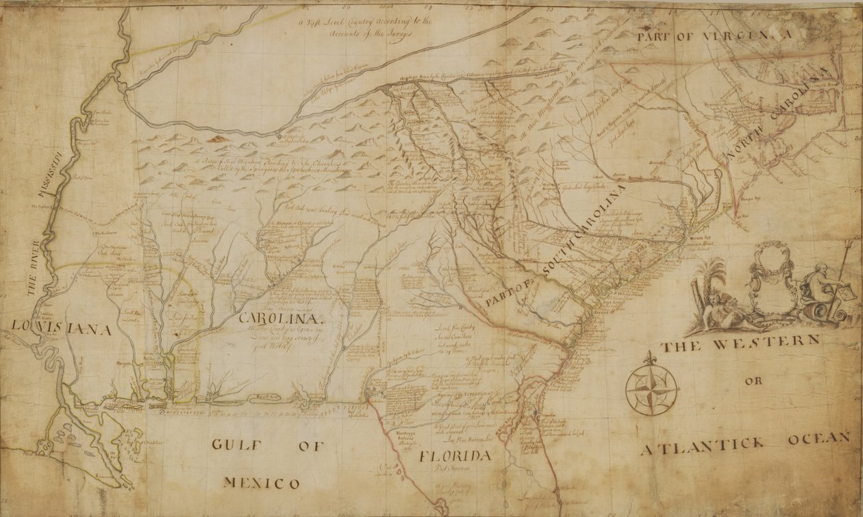Mapa jihovýchodní části Severní Ameriky, 1721 (pero, inkoust a mytí na papíře) od William Hammerton