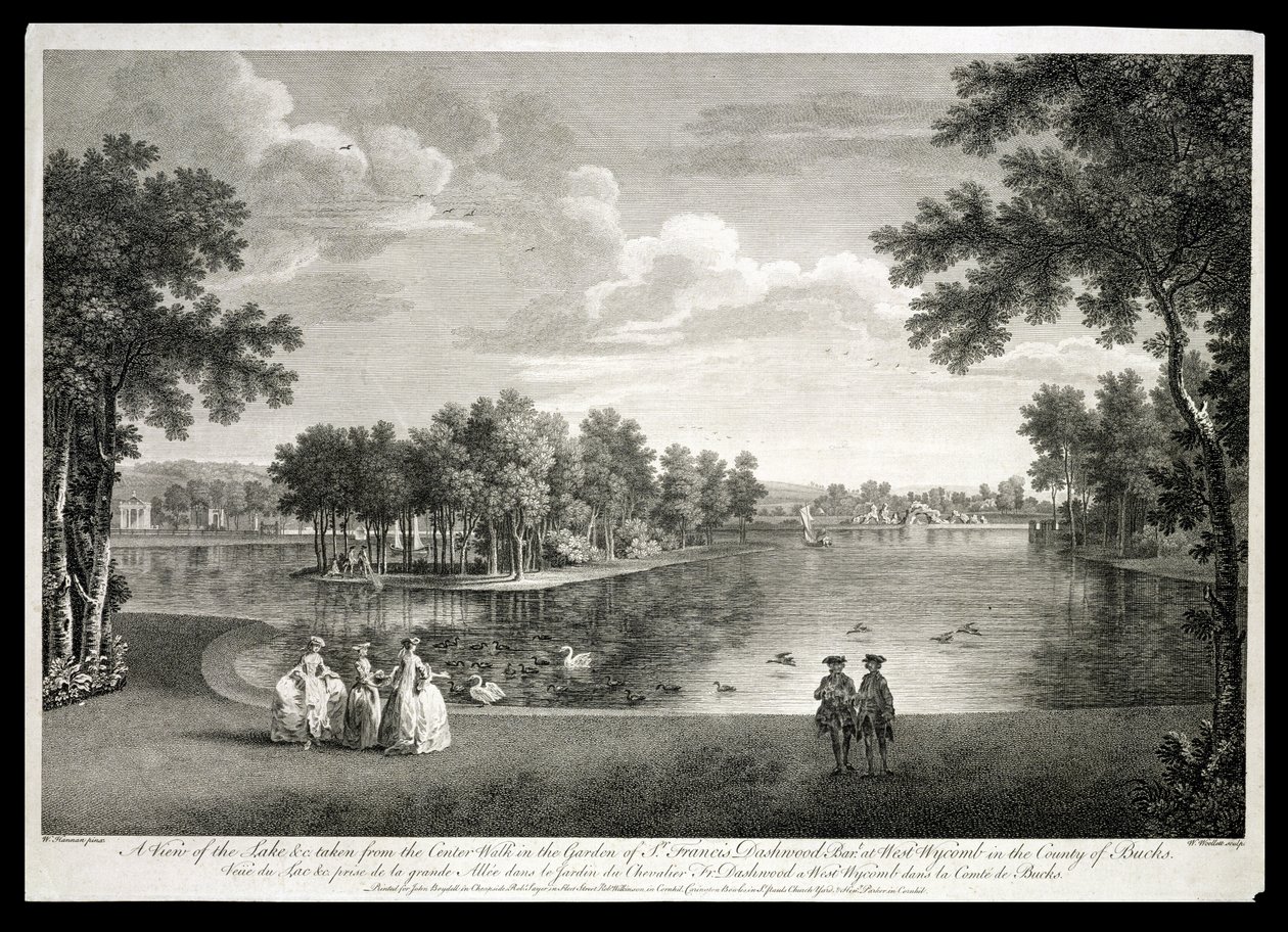Pohled na jezero z Center Walk v zahradě ve West Wycombe, Buckinghamshire, vyryl William Woollett (1735-85) od William Hannan
