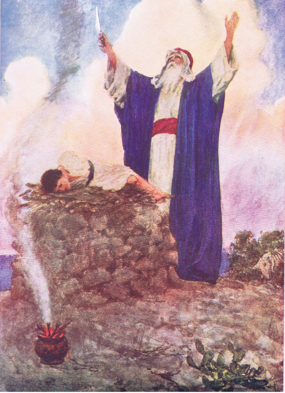 Abraham nabízí Izákovi, z The Bible Story vydané nakladatelstvím Hodder & Stoughton, kolem roku 1930 od William Hatherell