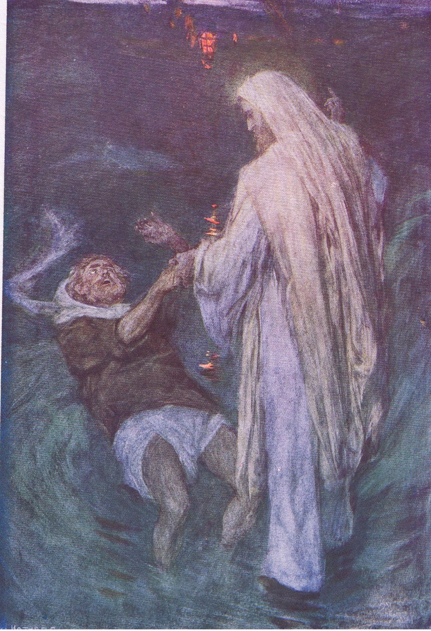 Kristus chodící po moři, z The Bible Story vydané nakladatelstvím Hodder & Stoughton, kolem roku 1930 od William Hatherell