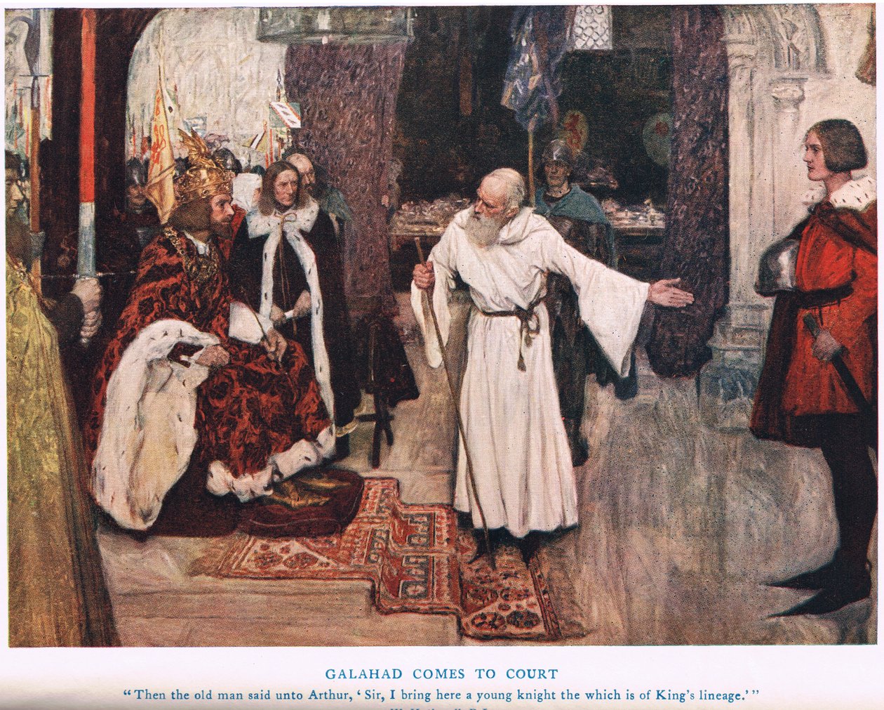 Galahad přichází ke dvoru, ilustrace z filmu Král Artuš od William Hatherell