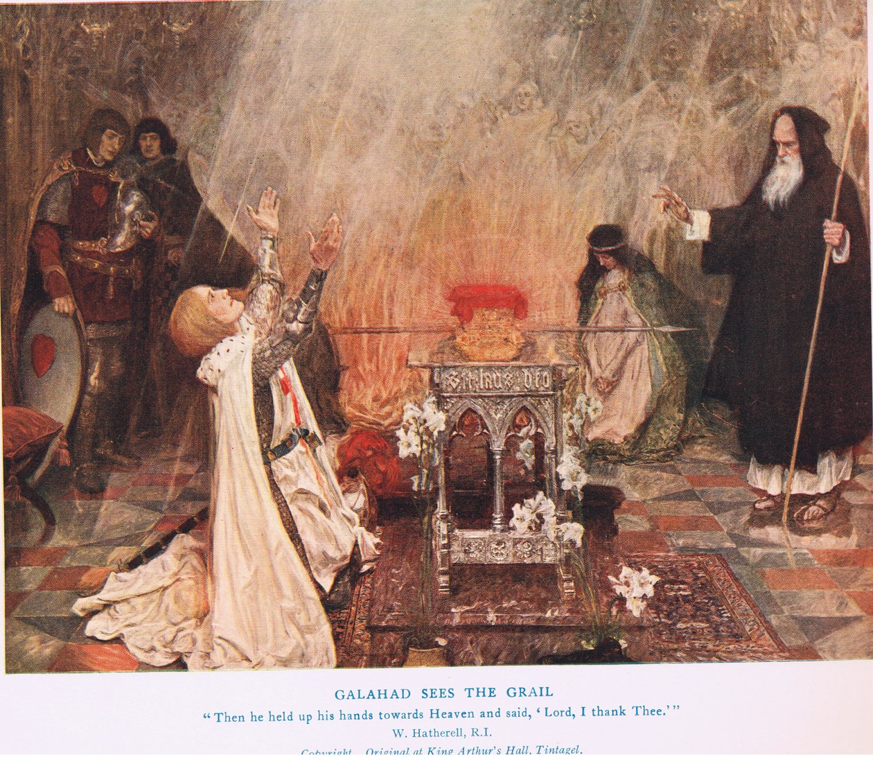 Galahad vidí grál, ilustrace z „Krále Artuše“ od William Hatherell