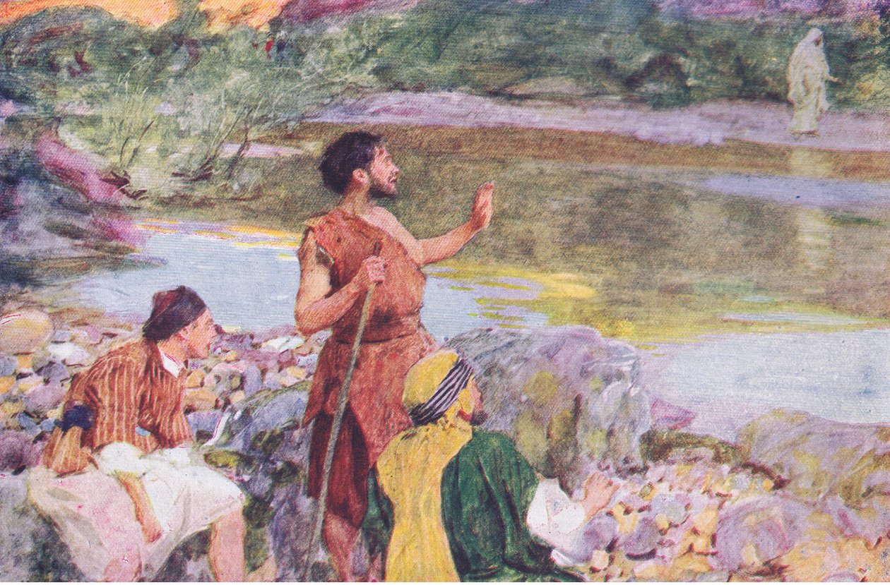 John se díval na Ježíše, jak kráčel, a řekl: hle, Beránek Boží, z Biblického příběhu vydaného nakladatelstvím Hodder & Stoughton, kolem roku 1930 od William Hatherell