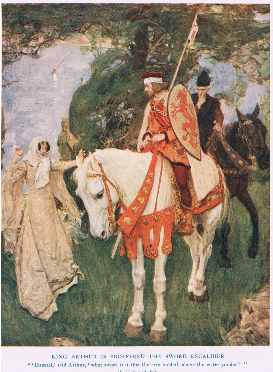 Králi Artušovi je nabízen meč Excalibur, ilustrace z filmu Král Artuš. od William Hatherell