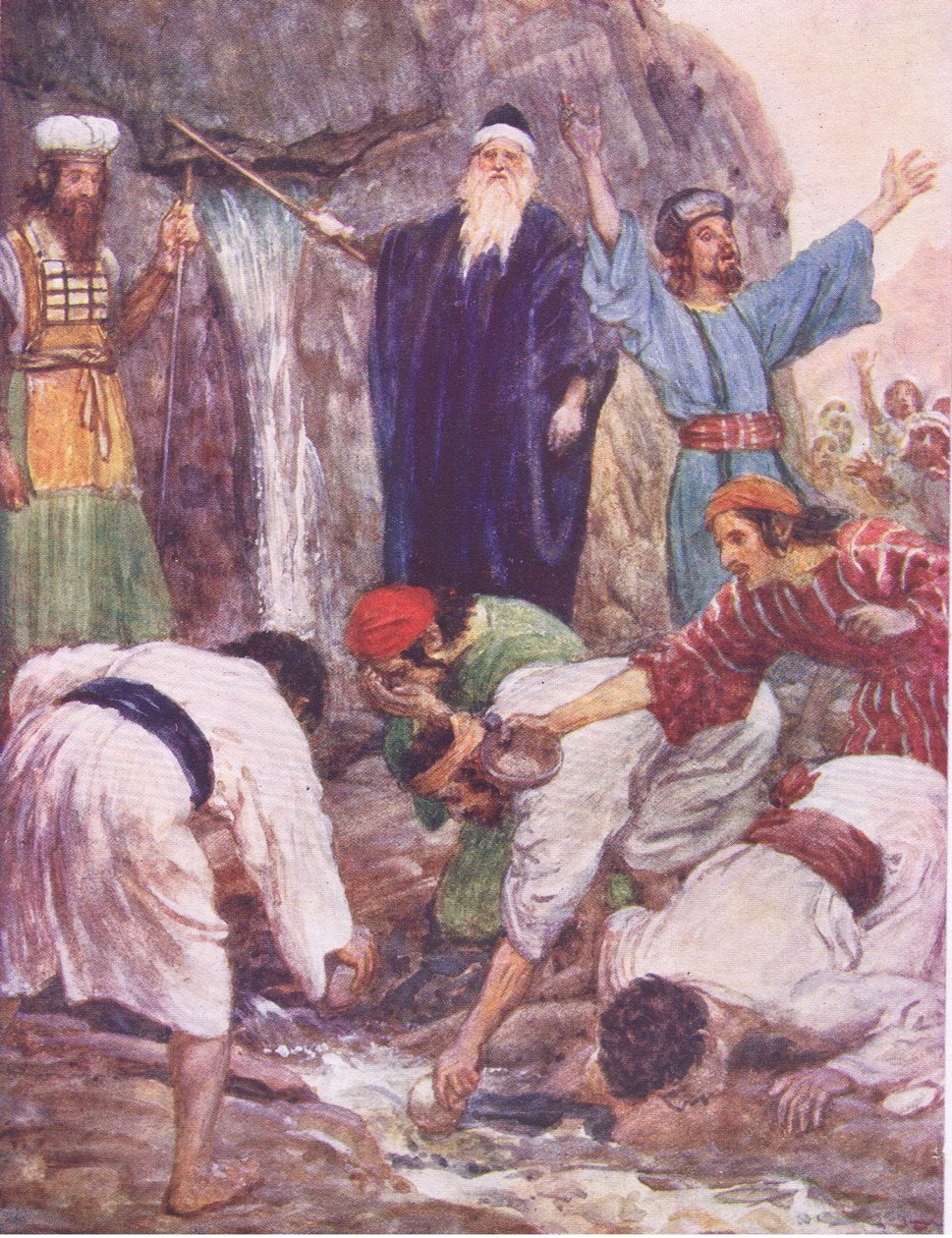 Mojžíš udeřil do skály, z The Bible Story vydané nakladatelstvím Hodder & Stoughton, kolem roku 1930 od William Hatherell