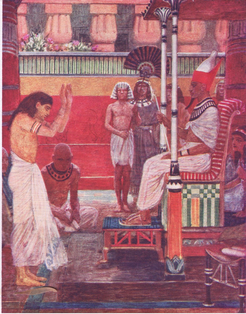 Faraon vypráví svůj sen moudrým mužům z knihy The Bible Story vydané nakladatelstvím Hodder & Stoughton, kolem roku 1930 od William Hatherell