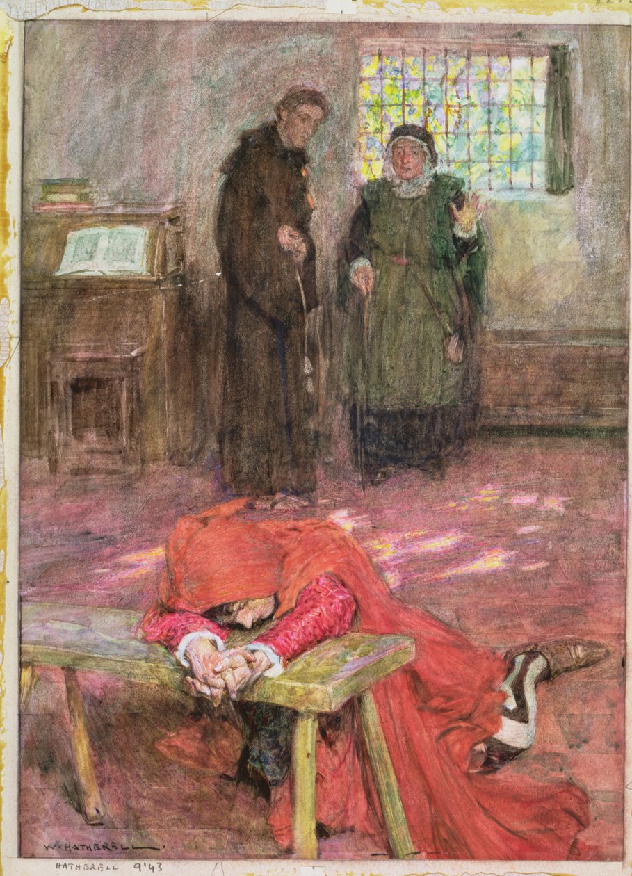 Romeo v cele Friar Laurence, ilustrace k dějství „Romeo a Julie“ III, scéna 3 od William Hatherell