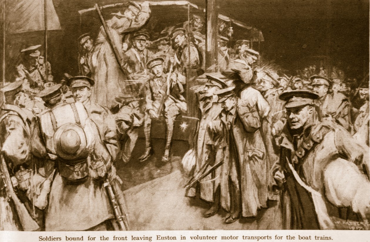 Scény dojemné radosti a patosu odehrávající se na velkých nádražích v Londýně, 1914-19 od William Hatherell
