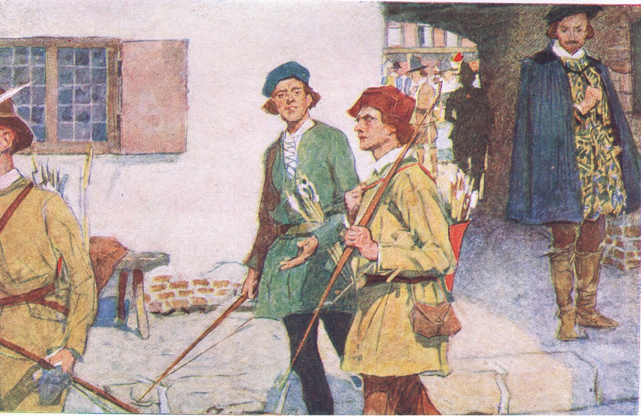 Shakespeare vidí skupinu učňů s luky a šípy, jak míří na lukostřelbu v Moorfields, z My Magazine, pub.1922 od William Hatherell