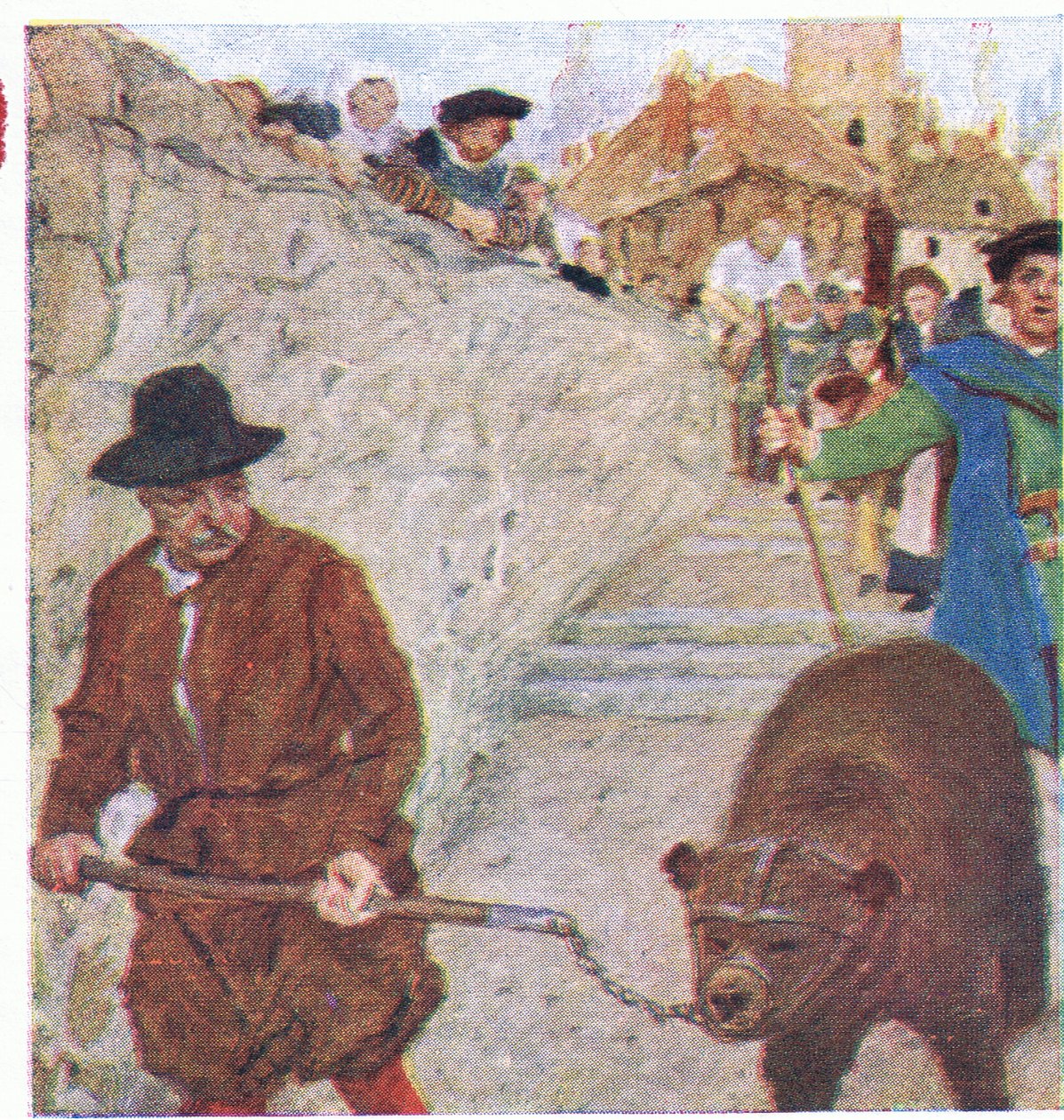 Shakespeare sleduje medvěda na cestě do Bear garden at Bankside, z My Magazine, pub.1922 od William Hatherell