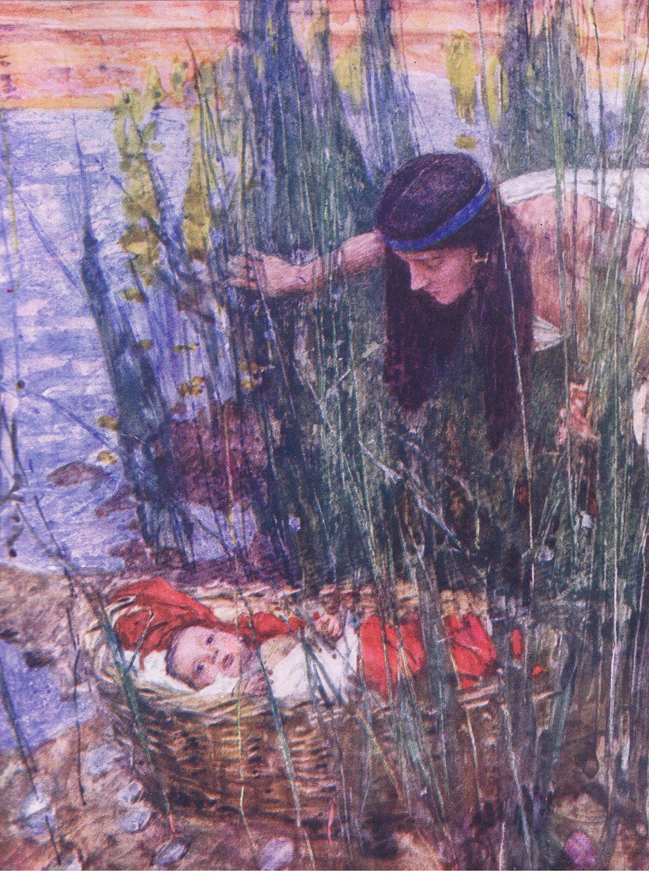 Nález Mojžíše, z The Bible Story vydané nakladatelstvím Hodder & Stoughton, kolem roku 1930 (barevné lito) od William Hatherell