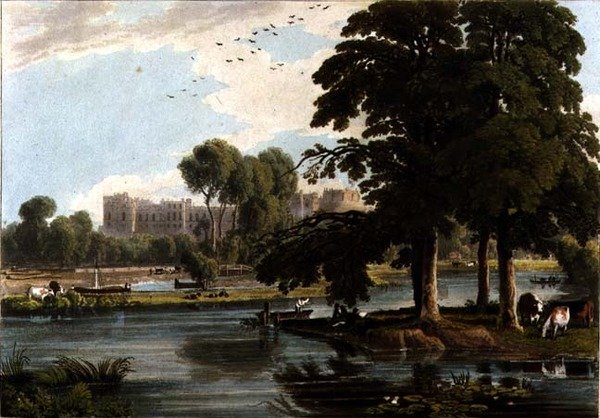 Pohled na hrad Windsor z hřišť Eton College, vyryl Robert Havell (1769-1832) 1814 (barevná rytina) od William Havell