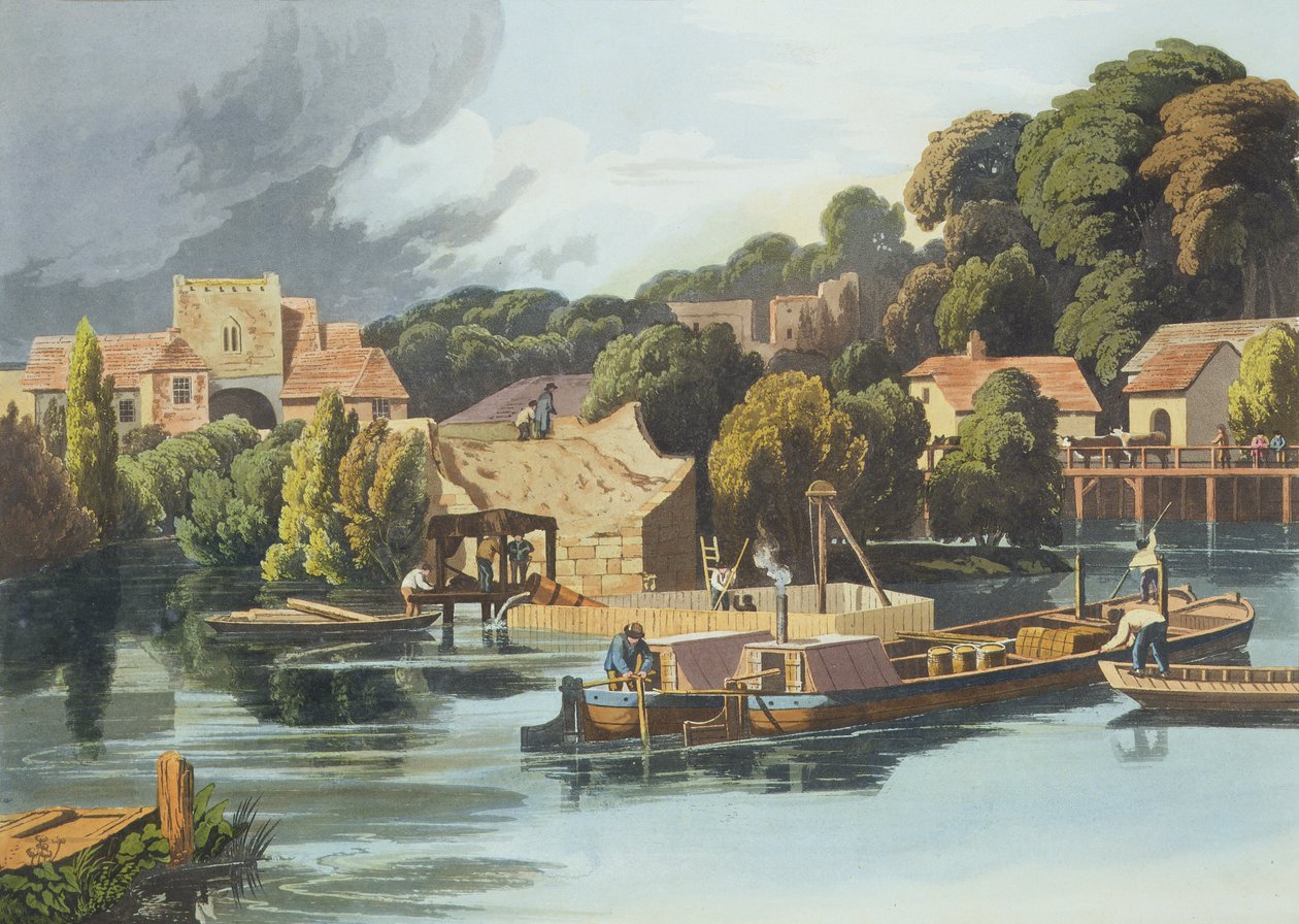Hrad Wallingford v roce 1810 během oprav mostu, vyrytý Robertem Havellem mladším (1793-1878) publikoval 1818 (akvatinta) od William Havell