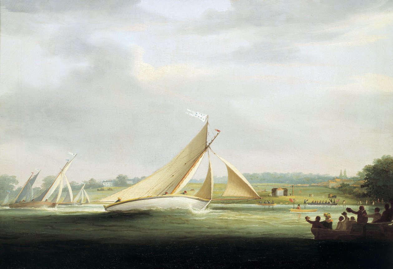 Jachty ze závodu Cumberland Society na Temži (Anglie), asi 1815, předchůdce závodu Royal Yacht Race na Temži. Olej na plátně od William Havell