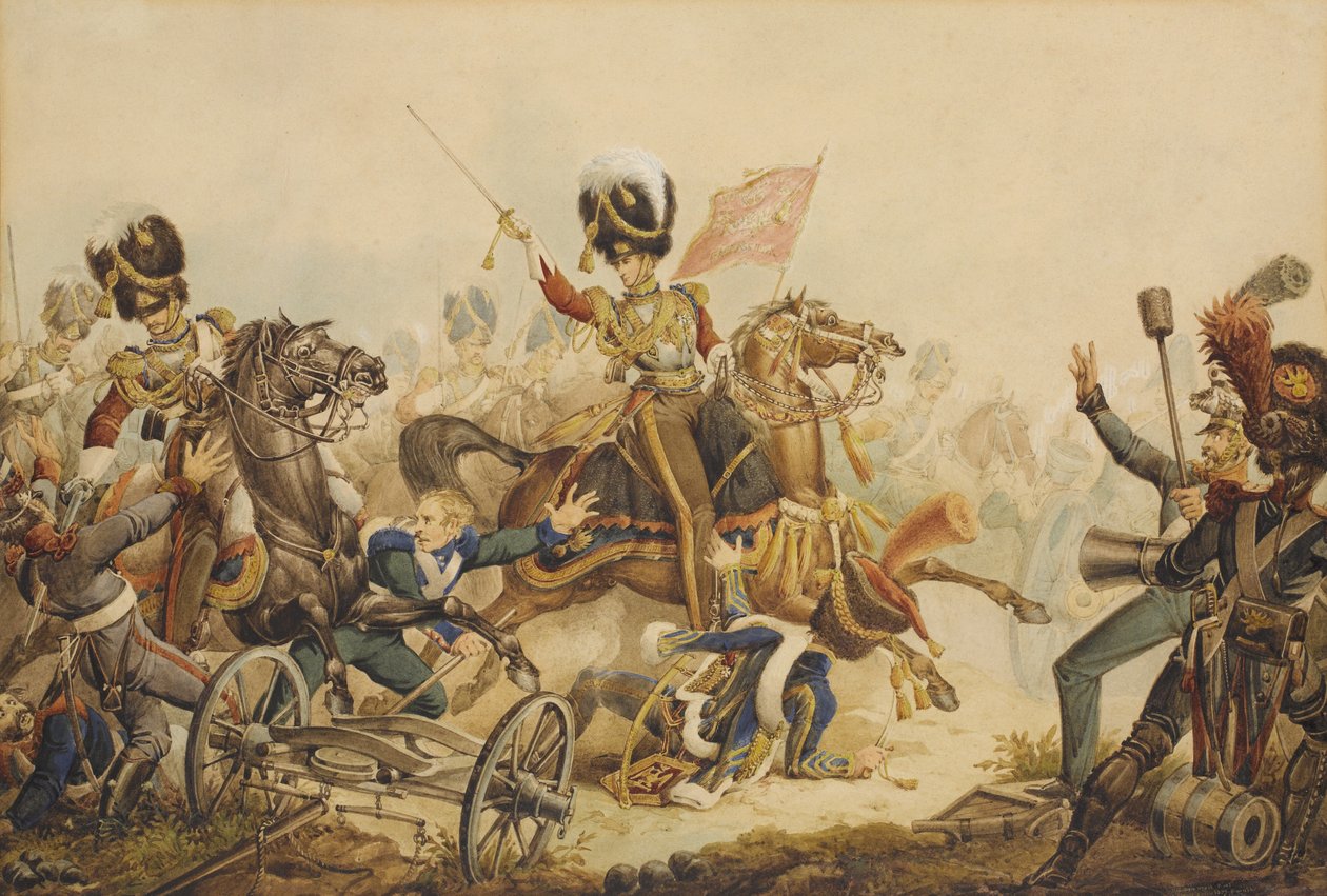 1. Life Guards nabíjející francouzské dělostřelectvo v bitvě u Waterloo v roce 1815, 1820 od William Heath