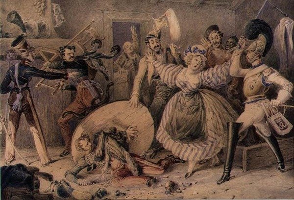 A Brawl in an Inn, c.1830 (akvarel přes tužku zvýrazněný kvašem na papíře) od William Heath