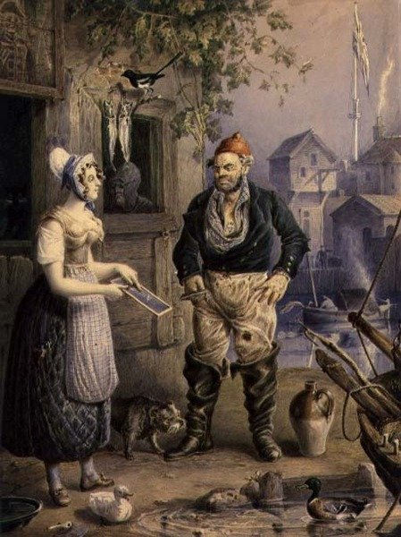 Rybář a služebná, kolem roku 1830 (akvarel přes tužku zvýrazněný kvašem na papíře) od William Heath