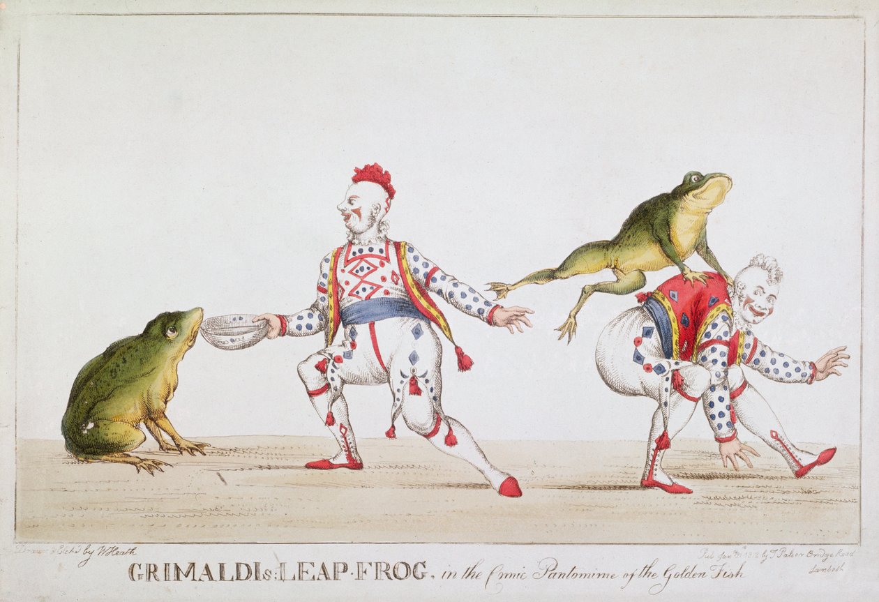 Grimaldiho skokanská žába v komiksové pantomimě Zlaté rybky, 1812 od William Heath