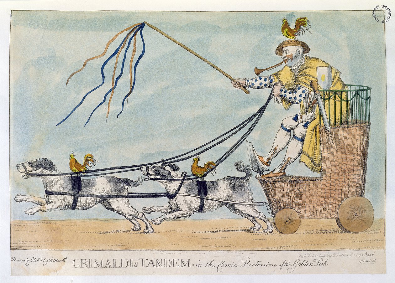 Grimaldiho tandem v komiksové pantomimě Zlaté rybky, hospoda. 1812 od William Heath