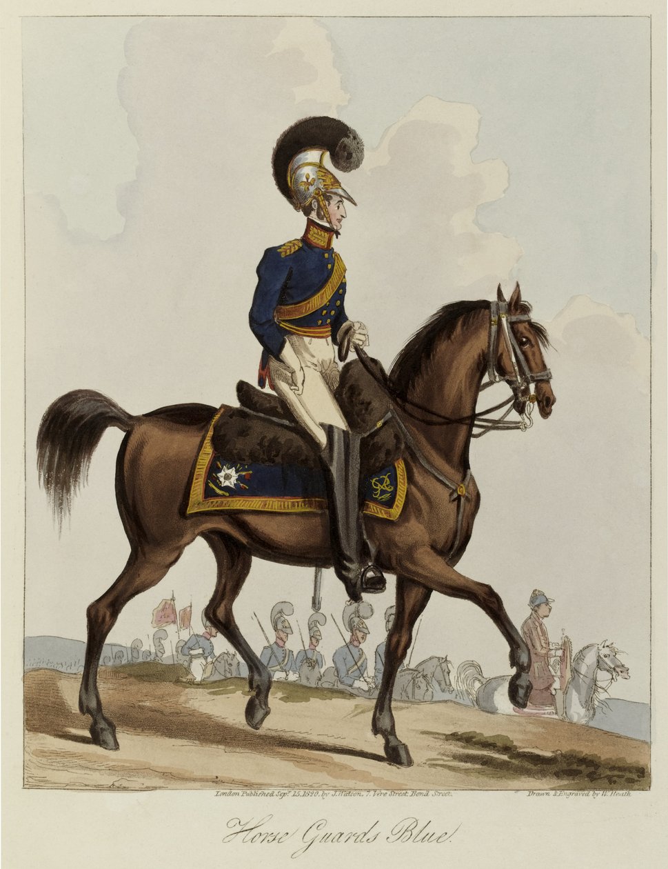 Horse Guards Blue, Jednotná studie Royal Regiment of Horse Guards, 1820 (barevná akvatinta) od William Heath