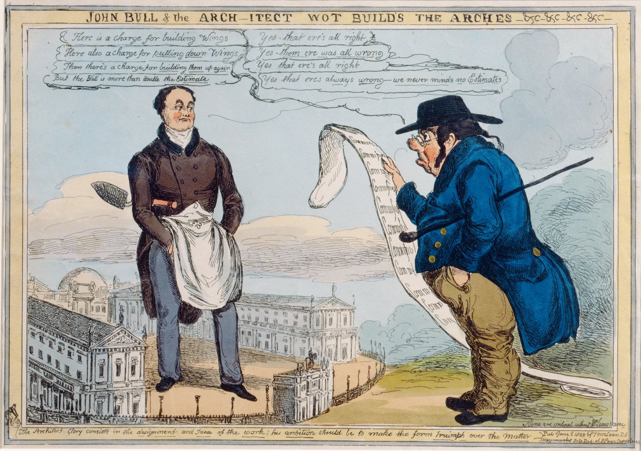 John Bull a arch-itect wot staví arches-undc-undc-undc, vyrytý Thomas McLean (1788-1875) od William Heath