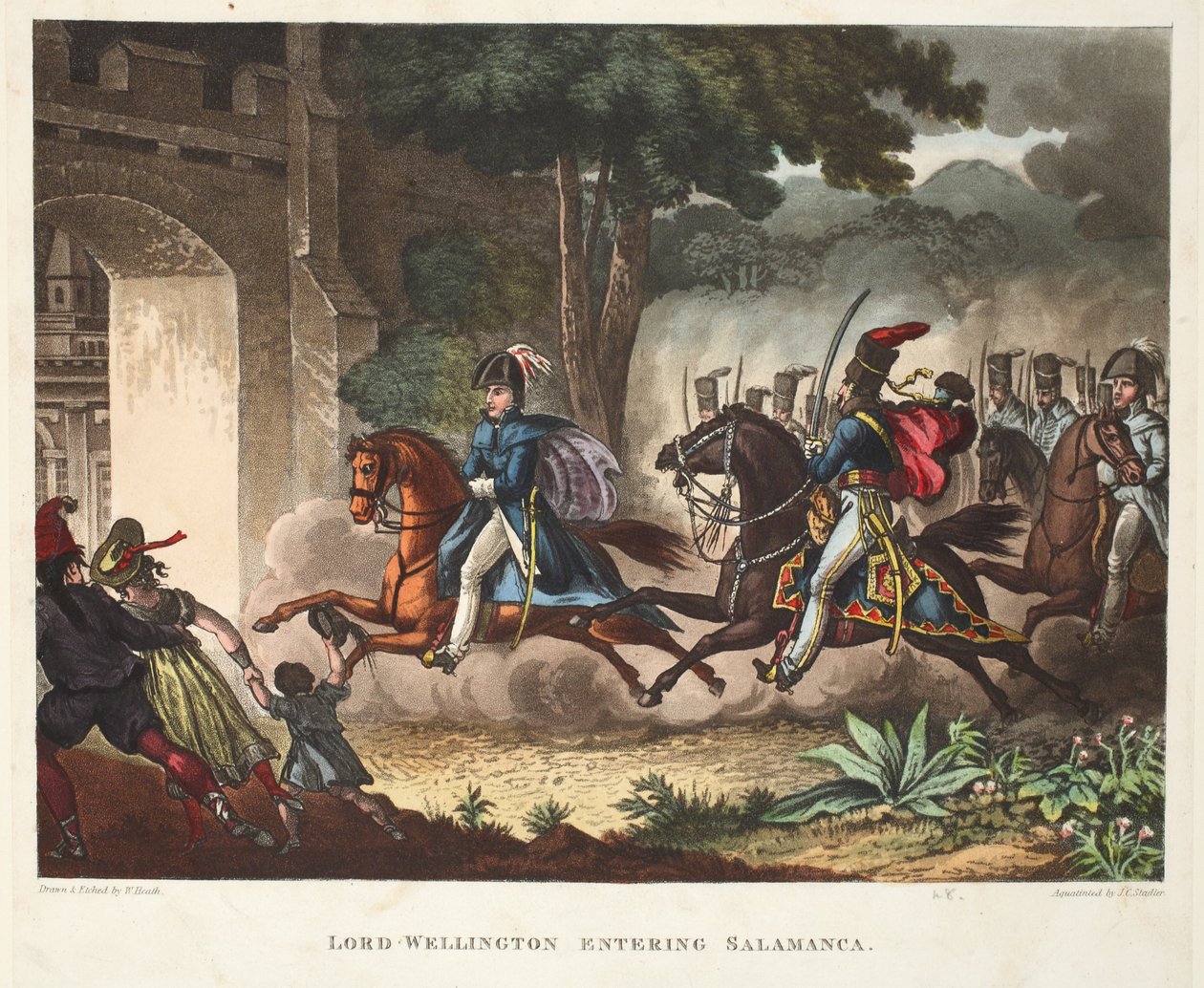 Lord Wellington vstupuje do Salamanky, akvatinta od J.C. Stadlera, hospoda. od Tegga, duben 1818 (akvatinta) od William Heath