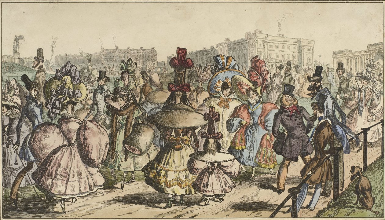 Muži a ženy v nápadném oblečení, procházky v parku ve městě The Park - 1830 (název na objektu) od William Heath