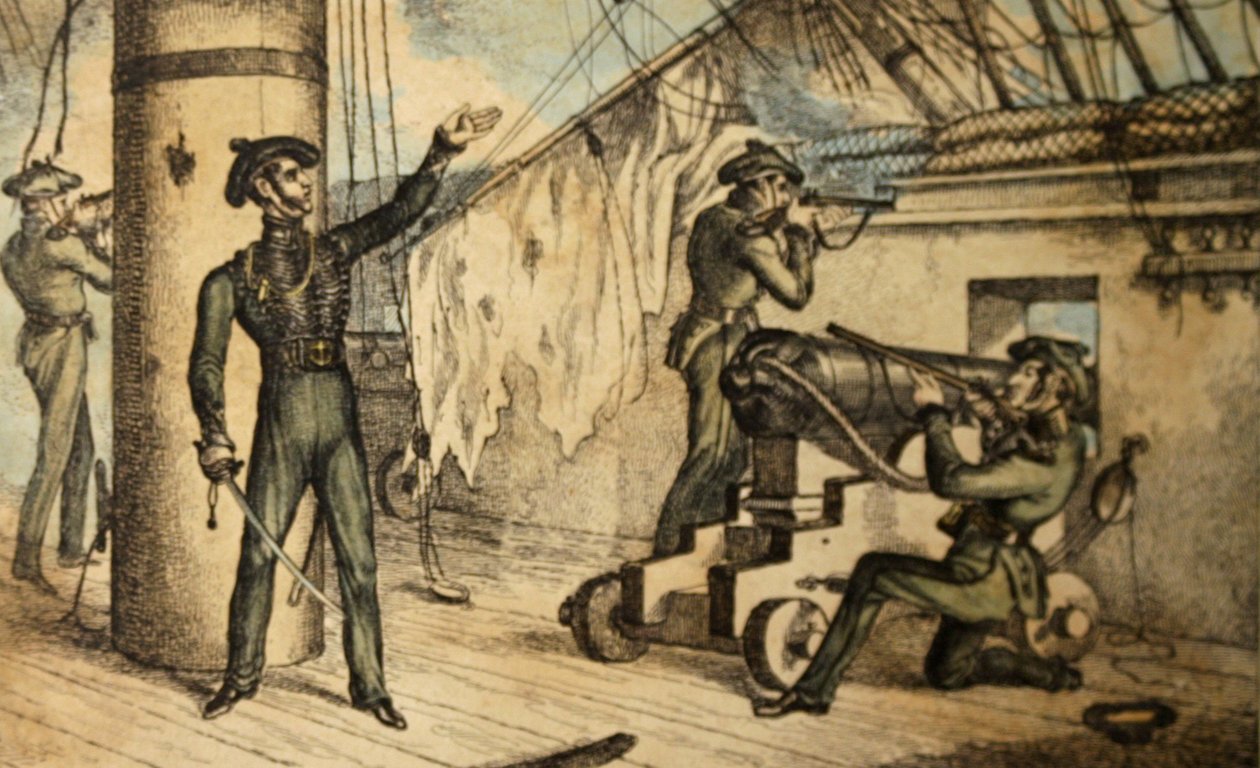 Námořní puškaři v akci na palubě neidentifikované válečné lodi, kolem roku 1835 (ručně kolorovaný lept) od William Heath