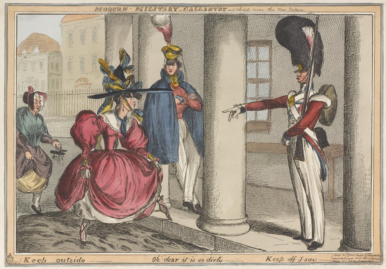 "Moderní vojenská galantnost - náčrtek u Nové palácové pevnosti venku - Ach bože, je tak špinavá", asi 1829 (kolorovaný lept) od William Heath