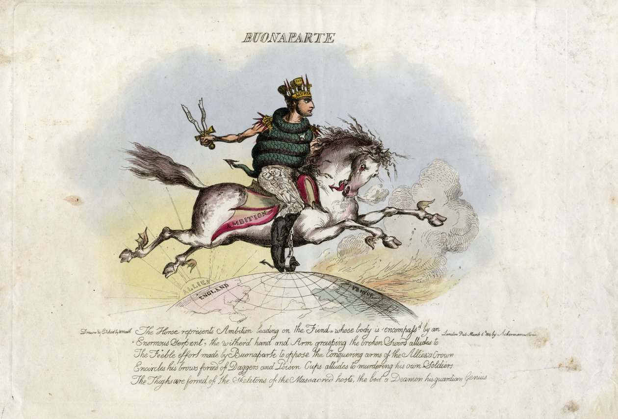 Napoleon cválá na Ambition, koni s křídly na nohou přes zeměkouli od William Heath