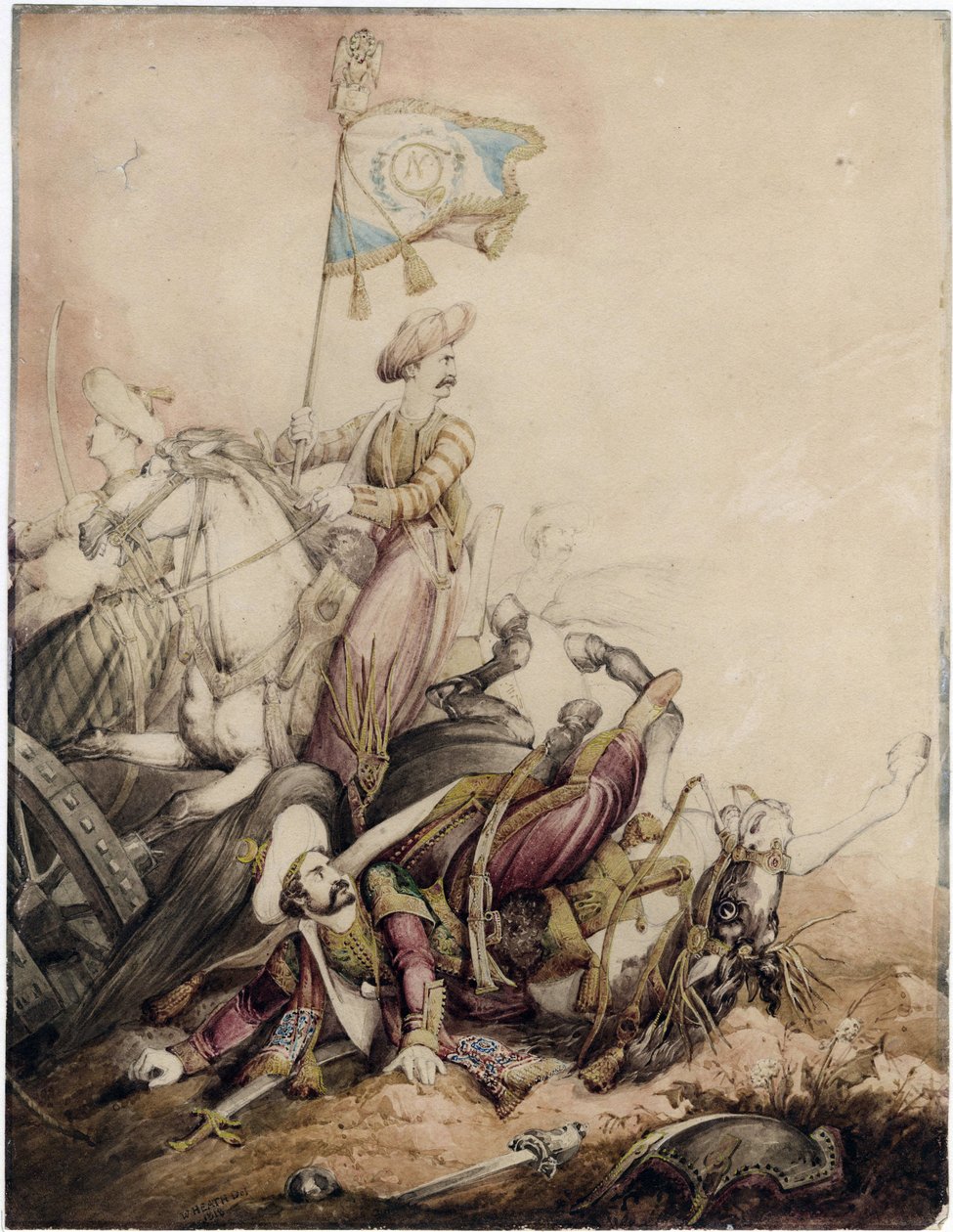 ""Mamlucký vlajkonoš v boji"" (Mamluk vlajkonoš v boji) Akvarel od Williama Heatha (1795-1840) - 1818 Rozměr 33,5 x 25,9 cm Soukromá sbírka od William Heath