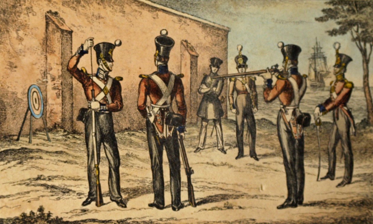 Současný kostým námořní pěchoty při tréninku na kruhový terč, kolem roku 1835 (ručně kolorovaný lept) od William Heath