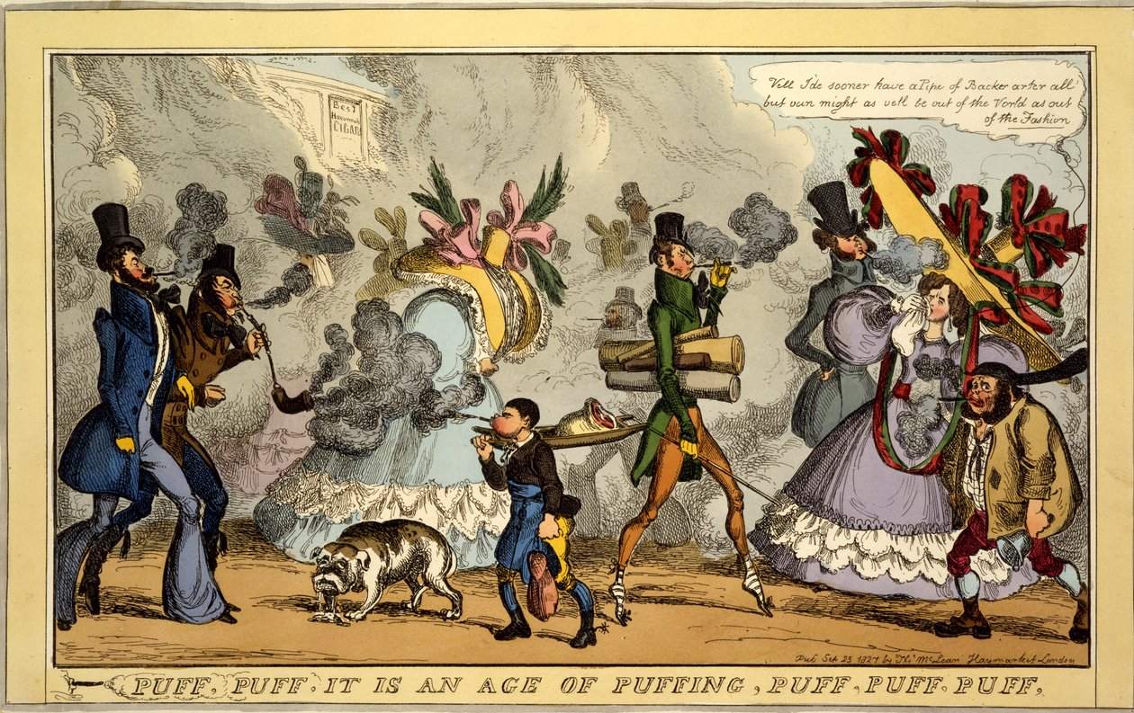 Puff, Puff, to je věk bafání, Puff, Puff, Puff, hospoda. Thos. McLean, Londýn, 1827 (ručně kolorovaná rytina) od William Heath