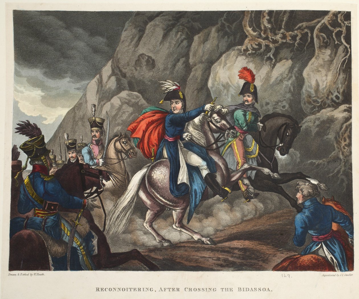 Průzkum, po překročení Bidassoa, akvatinta od J.C. Stadlera, hospoda. od Tegga, duben 1818 (akvatinta) od William Heath