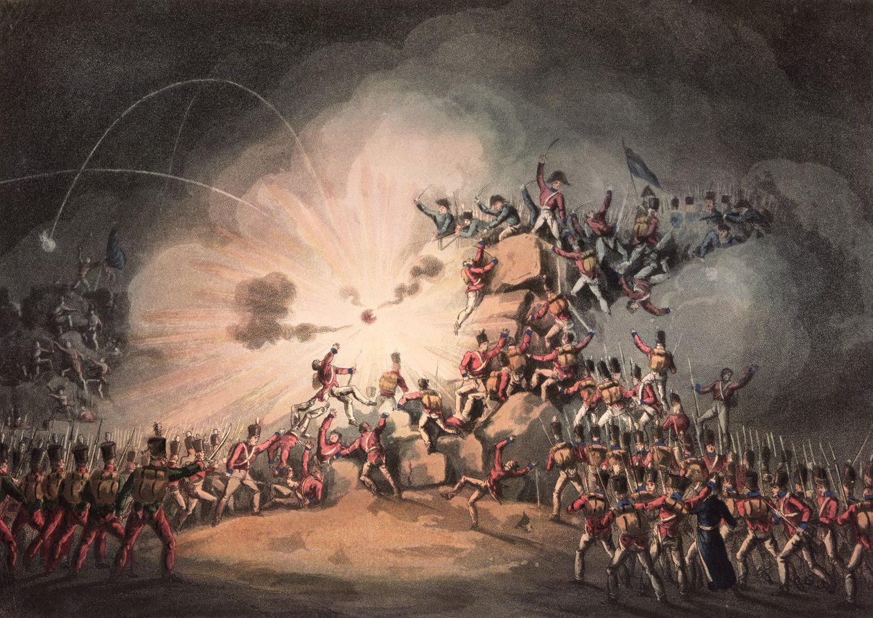 Storming of Ciudad Rodrigo, 19. ledna 1813 akvatintovaný Thomasem Sutherlandem (b.c.1785) (akvatinta) od William Heath