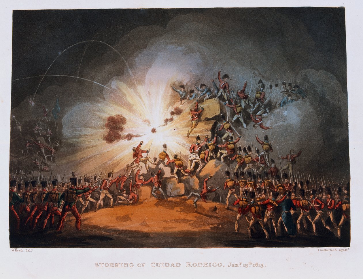 Storming of Ciudad Rodrigo, 19. ledna 1813, vyryto Thomasem Sutherlandem (1785-1838), publikováno v roce 1815 (barevná akvatinta) od William Heath