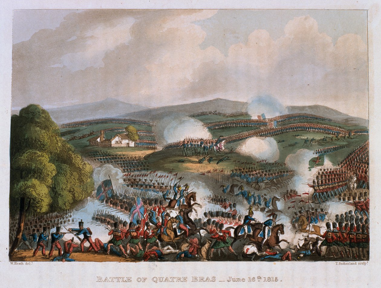 Bitva u Quatre Bras 16. června 1815, vyryto Thomasem Sutherlandem, 1815 (barevná akvatinta) od William Heath