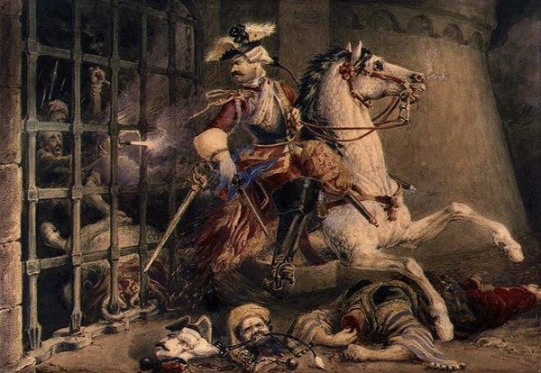 Důstojník kavalérie na útěku z Turků, kolem roku 1830 (akvarel přes tužku zvýrazněný kvašem na papíře) od William Heath