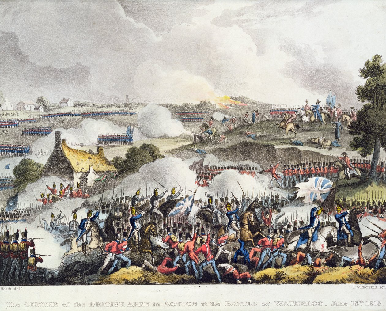 Střed britské armády v akci v bitvě u Waterloo, 18. června 1815, vyryto Sutherlandem od William Heath
