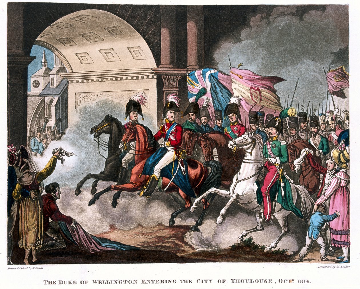 Vévoda z Wellingtonu (1769-1852) vjíždějící do města Toulouse v roce 1814, ilustrace k narativní básni Dr. Syntaxe, vydané 1818 (barevná akvatinta) od William Heath