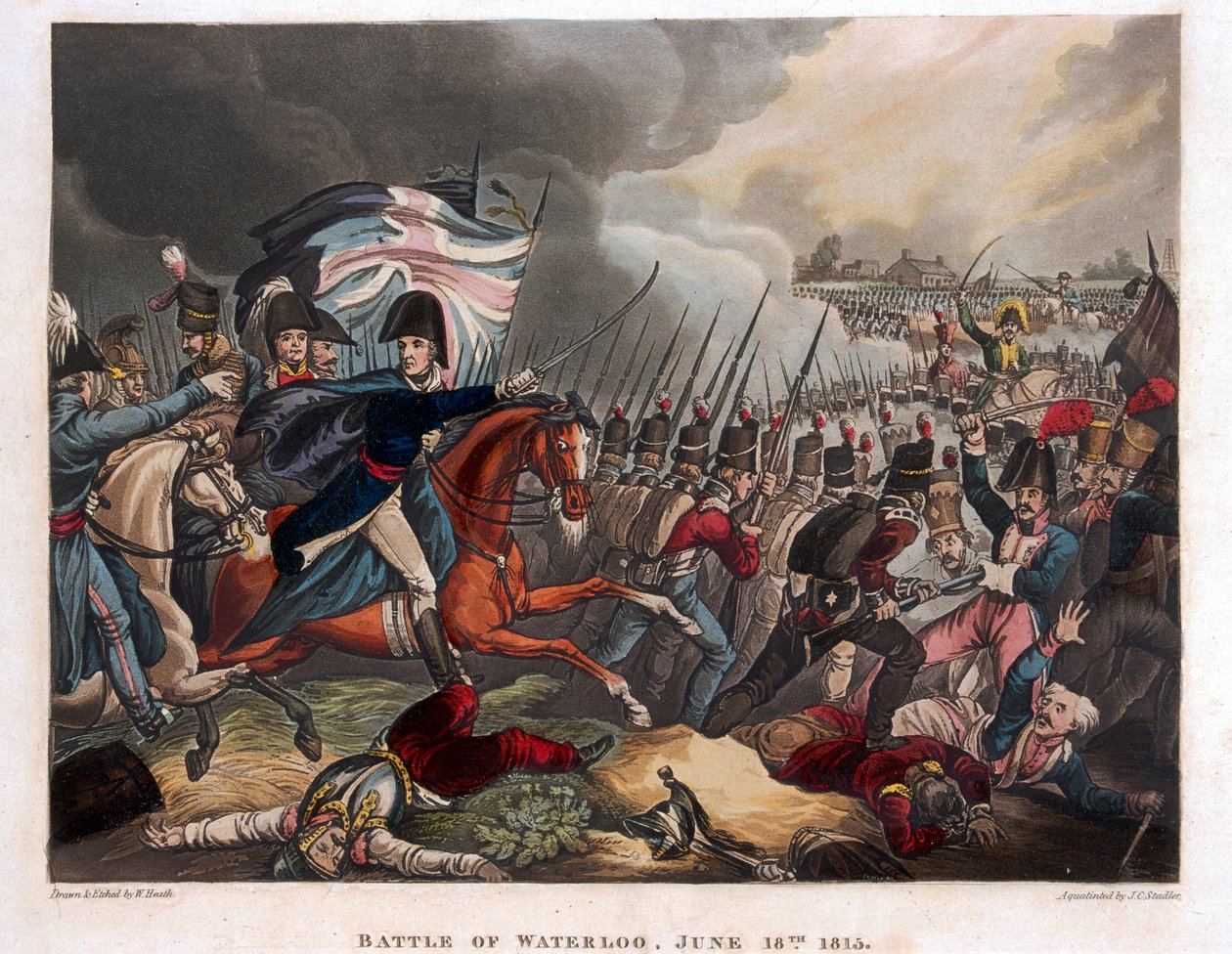 Vévoda z Wellingtonu (1769-1852) s jednotkami postupujícími v bitvě u Waterloo, ilustrace z narativní básně Dr. Syntaxe, 1818 (barevná akvatinta) od William Heath