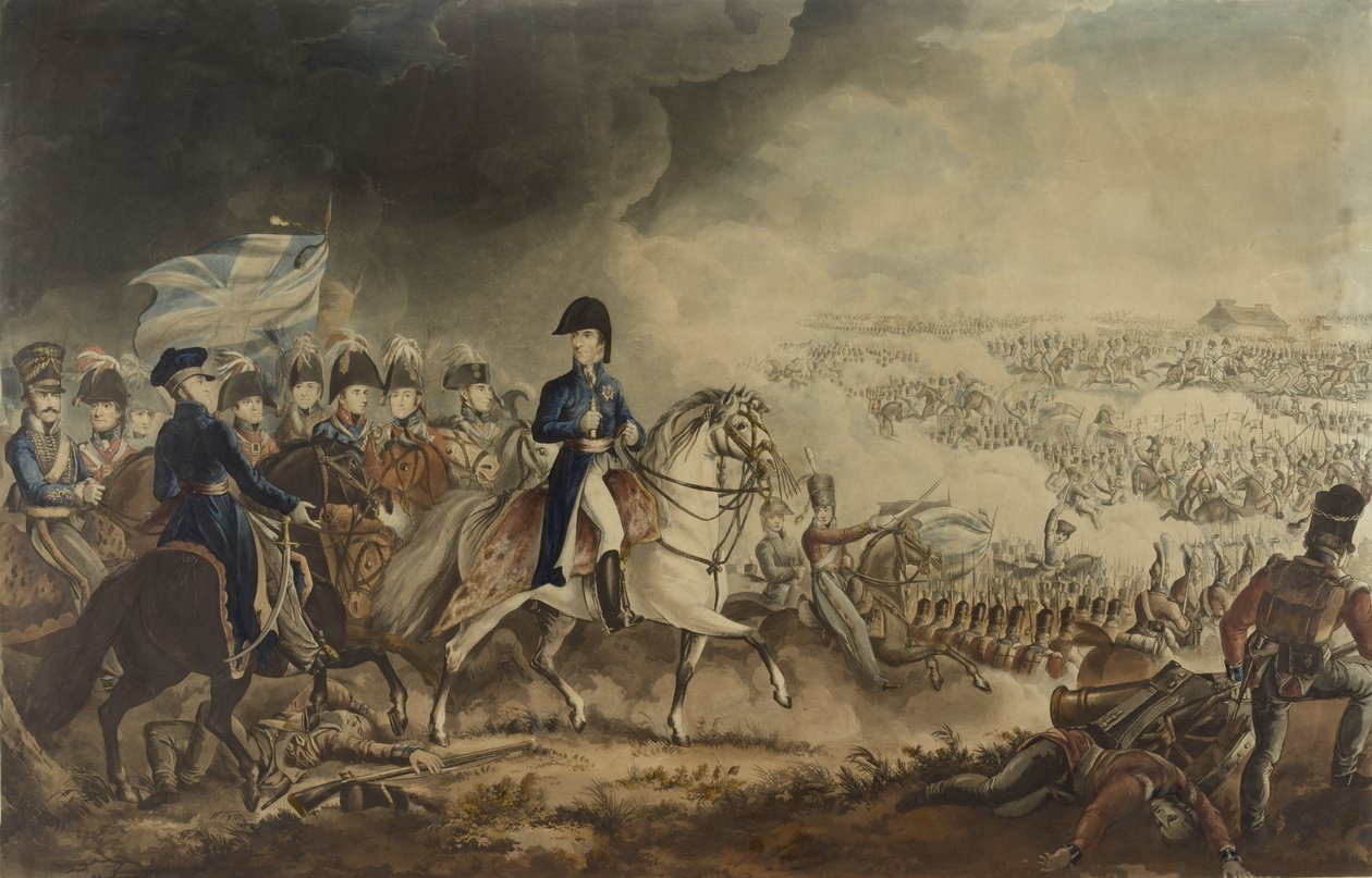 Vévoda z Wellingtonu a nejváženější důstojníci v bitvě u Waterloo, 18. června 1815, akvatinta od W. T. Fryho a T. Sutherlanda, vydal J. Jenkins, Londýn, 18. června 1817 (barevné aquati od William Heath