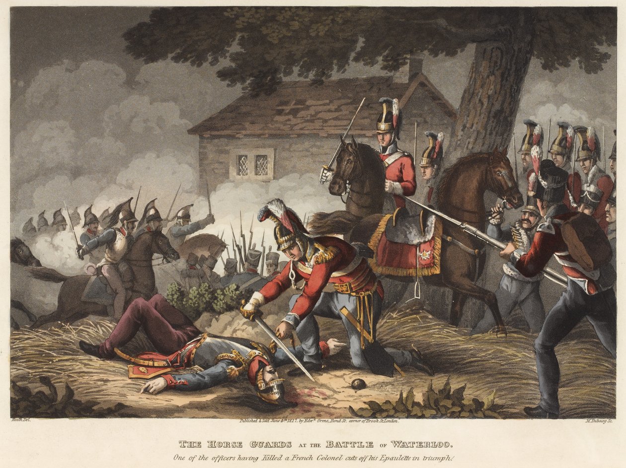 Horse (Life) Guards v bitvě u Waterloo, jeden z důstojníků, který zabil francouzského plukovníka, si triumfálně usekl epoletu, vyryl M. Dubourg, 1819 (barevná akvatinta) od William Heath
