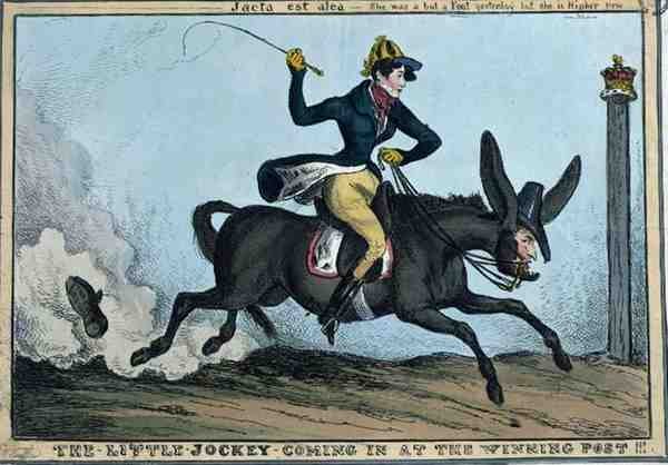 "Malý žokej přichází na vítězný post!!!", asi 1831 (kolorovaný lept) od William Heath
