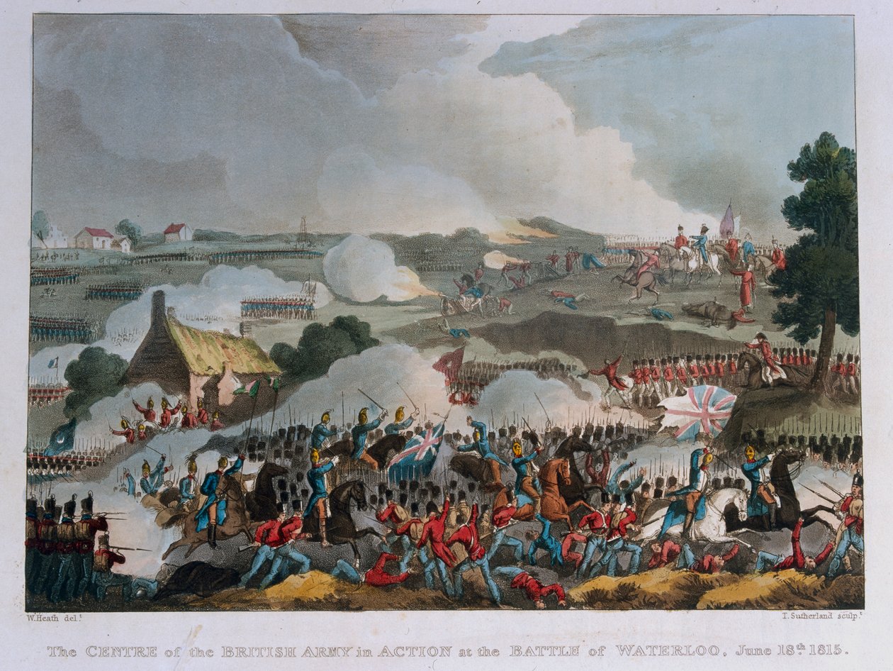 Centrum britské armády v akci v bitvě u Waterloo, 1815 (akvatinta) od William Heath