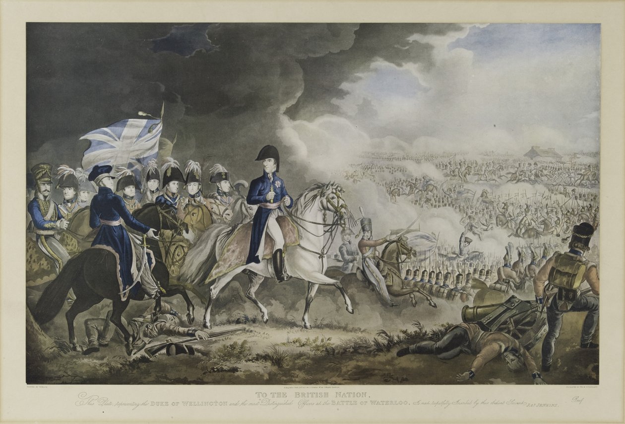„Britskému národu“, vévoda z Wellingtonu a nejváženější důstojníci v bitvě u Waterloo, 18. června 1815, akvatinta od W. T. Fryho a T. Sutherlanda, vydal J. Jenkins, Londýn, 18. od William Heath